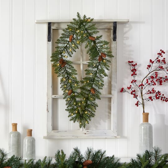 3ft. White LED Lights Holiday Geometric Christmas Diamond Wreath With Pinecones